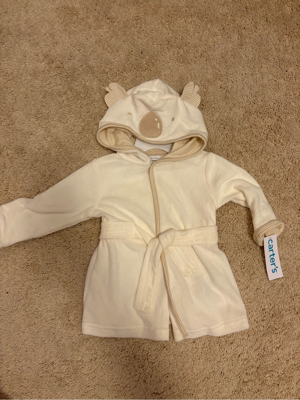 Carter's Neutral Cream Hooded Baby Robe with Bear Face Detail